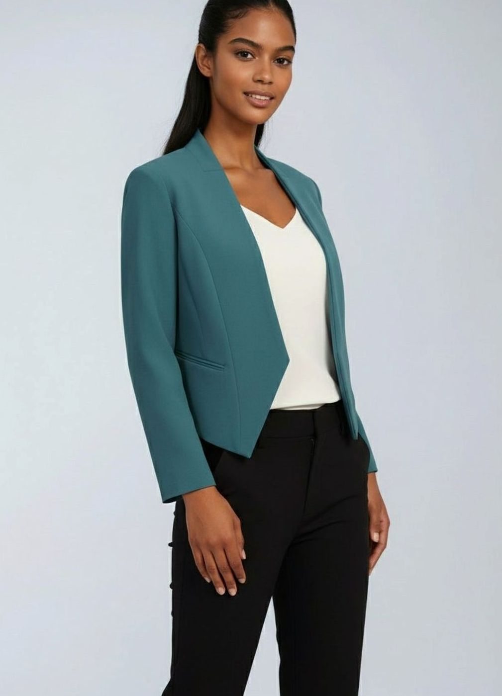 Women's Open-Front Cropped Structured Blazer Jacket - Peacock Blue