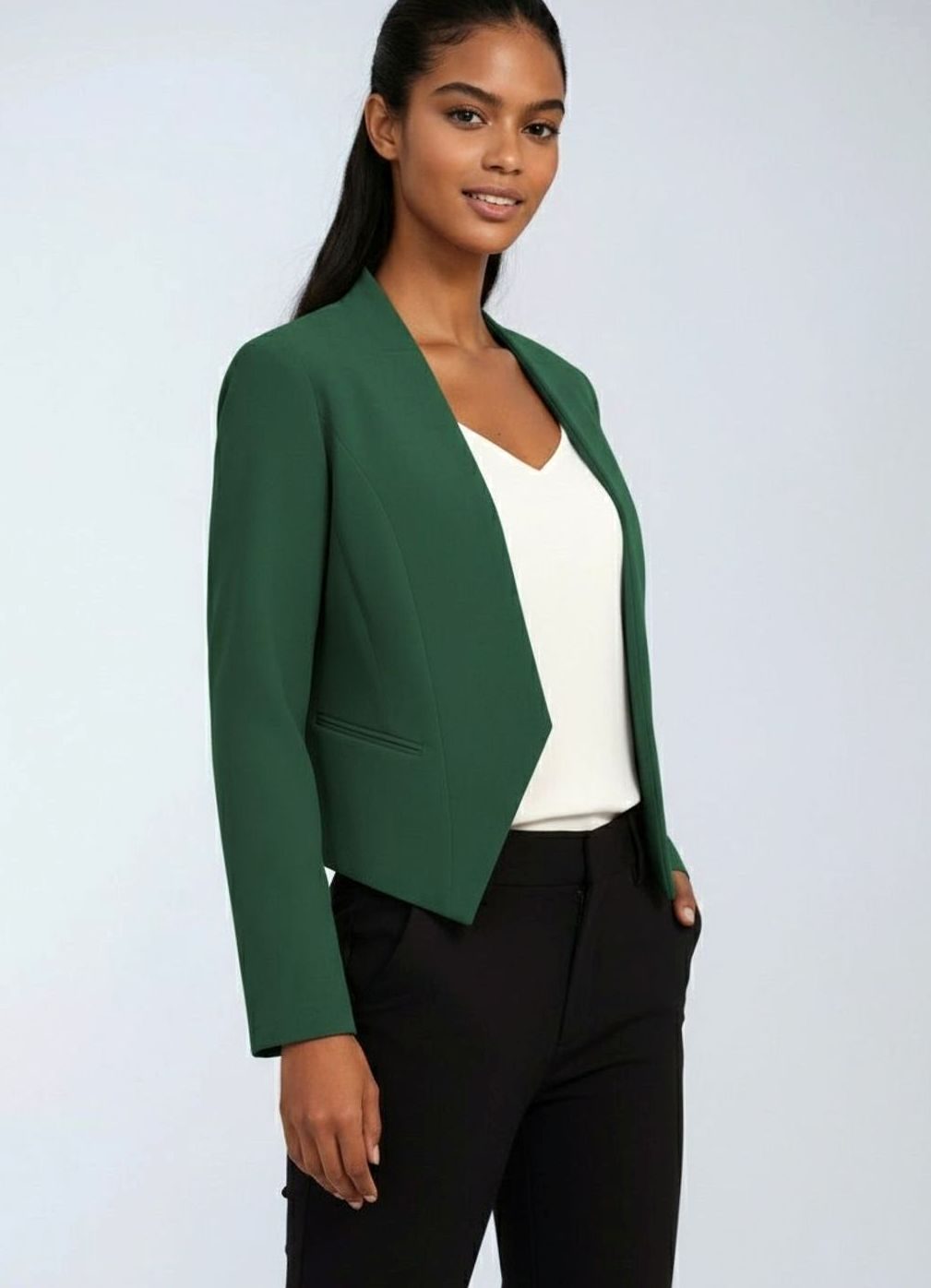 Women's Open-Front Cropped Structured Blazer Jacket - Army Green