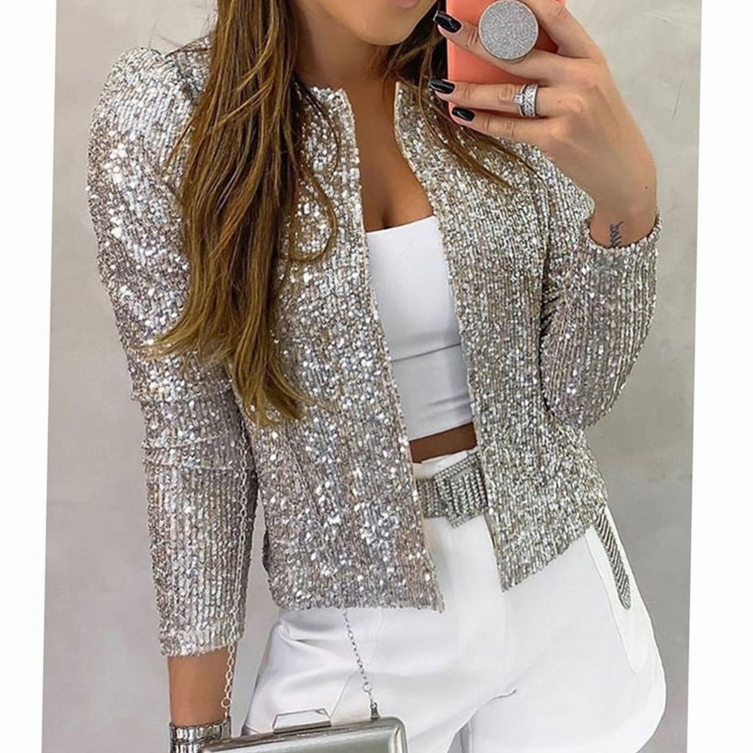 Women's Open-Front Sequin Blazer Jacket - Silver