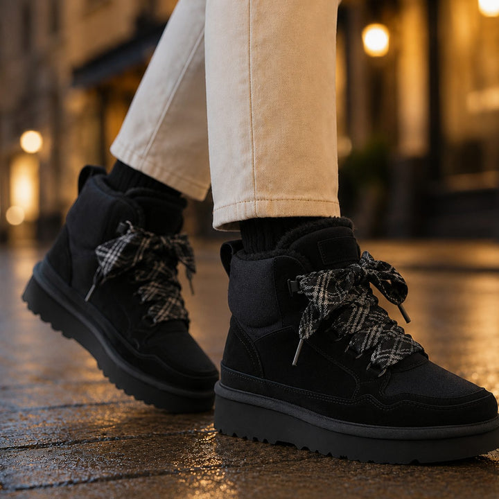 Women's Orthopedic Suede-Look Lace-Up Fur-Lined Ankle Winter Boots - Black