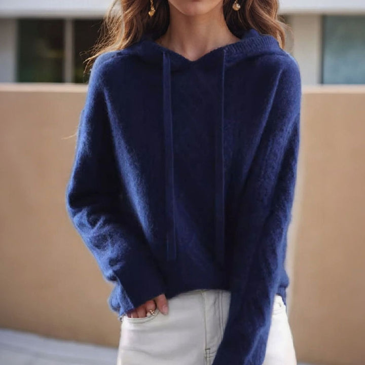 Women's Oversize Fit Cable Knit Drawstring Hoodie Sweater - Blue