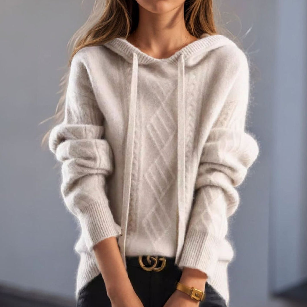 Women's Oversize Fit Cable Knit Drawstring Hoodie Sweater - Beige
