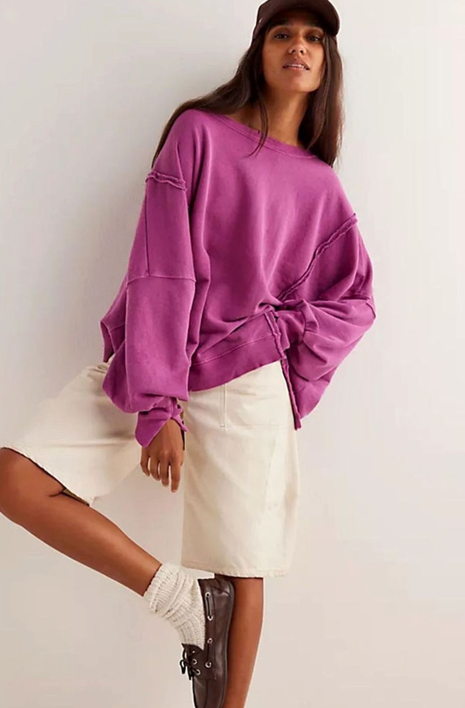 Women's Oversized Balloon Sleeve Crewneck Sweatshirt Exposed Seams - Purple Red