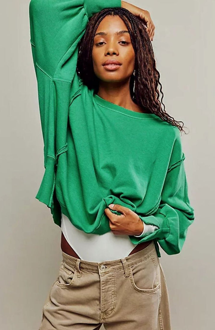 Women's Oversized Balloon Sleeve Crewneck Sweatshirt Exposed Seams - Green