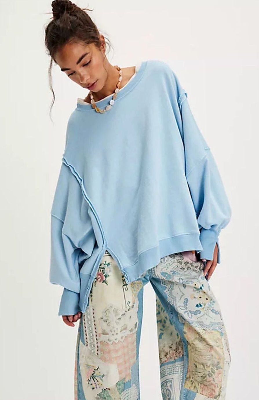 Women's Oversized Balloon Sleeve Crewneck Sweatshirt Exposed Seams - Sky Blue