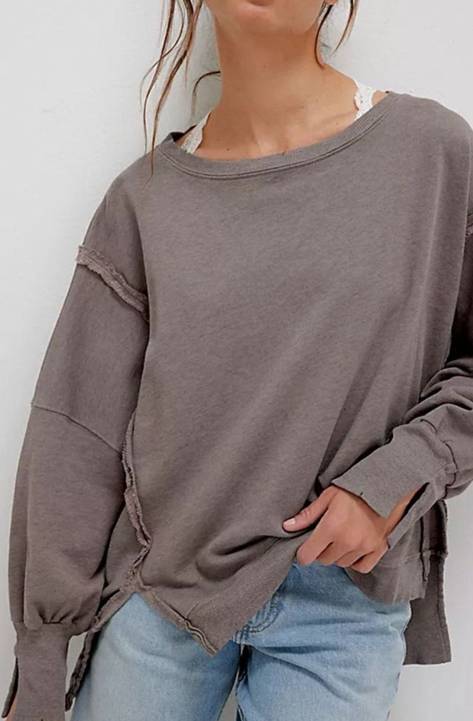 Women's Oversized Balloon Sleeve Crewneck Sweatshirt Exposed Seams - Gray