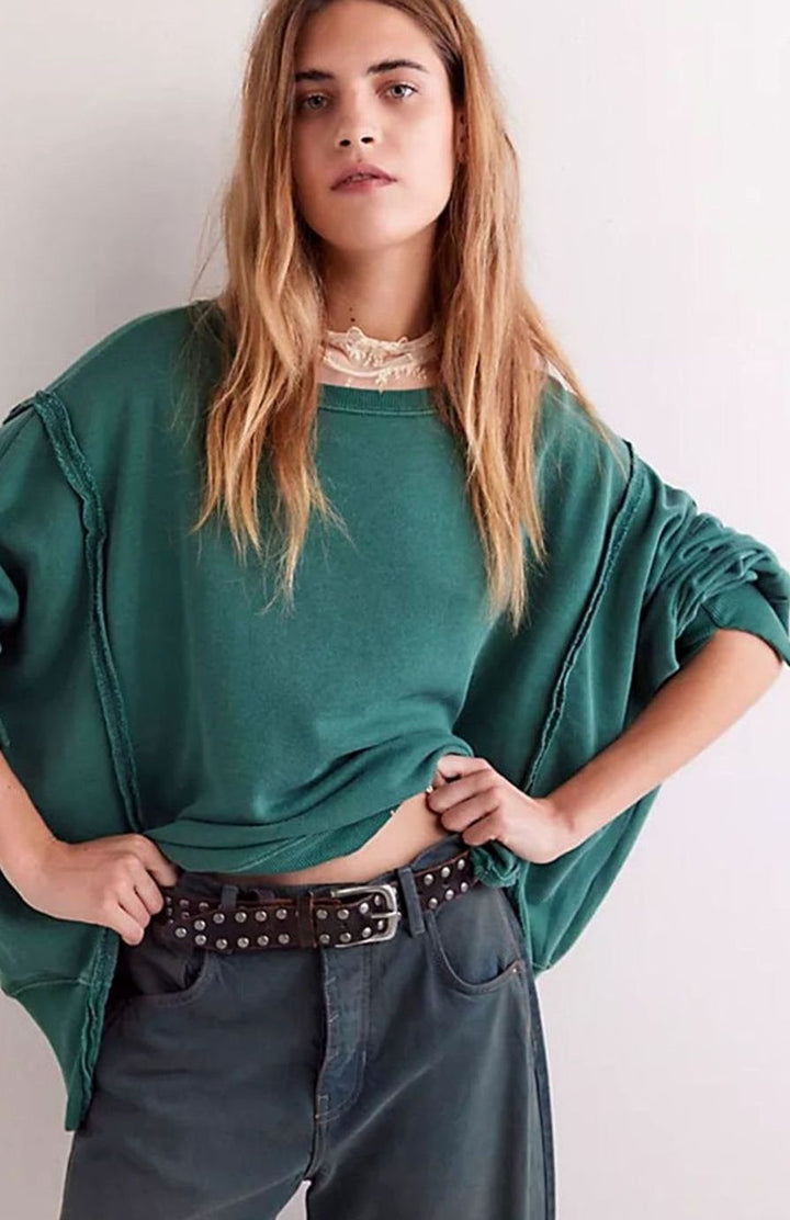 Women's Oversized Balloon Sleeve Crewneck Sweatshirt Exposed Seams - Sea Green