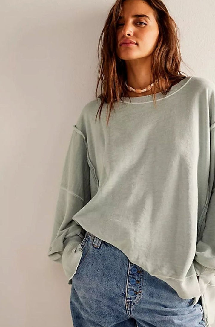 Women's Oversized Balloon Sleeve Crewneck Sweatshirt Exposed Seams - Light Green