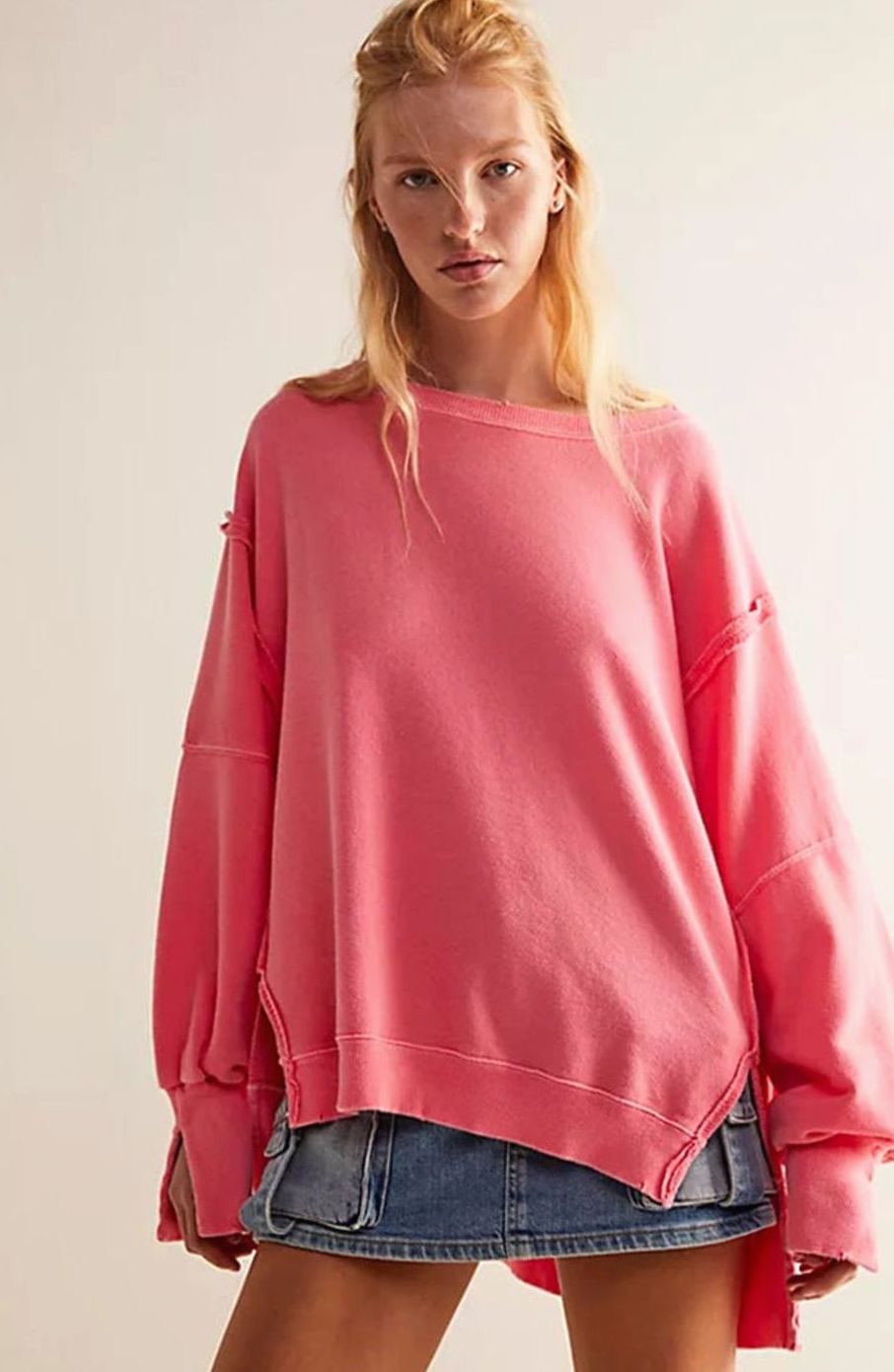 Women's Oversized Balloon Sleeve Crewneck Sweatshirt Exposed Seams - Fuchsia
