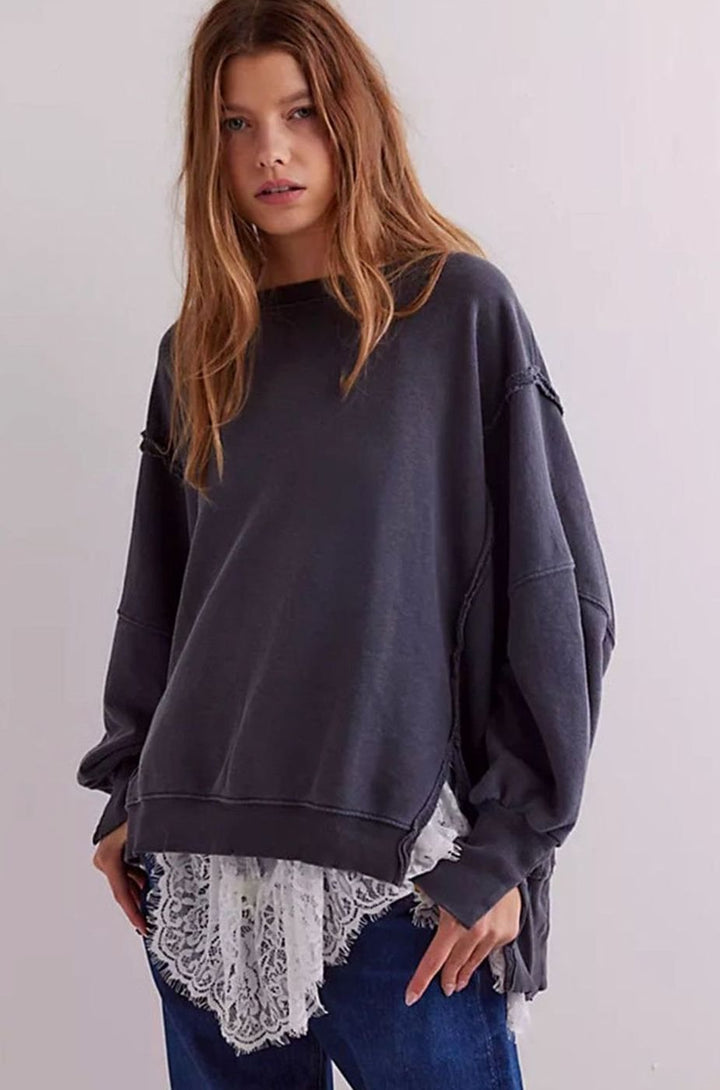 Women's Oversized Balloon Sleeve Crewneck Sweatshirt Exposed Seams - Dark Gray