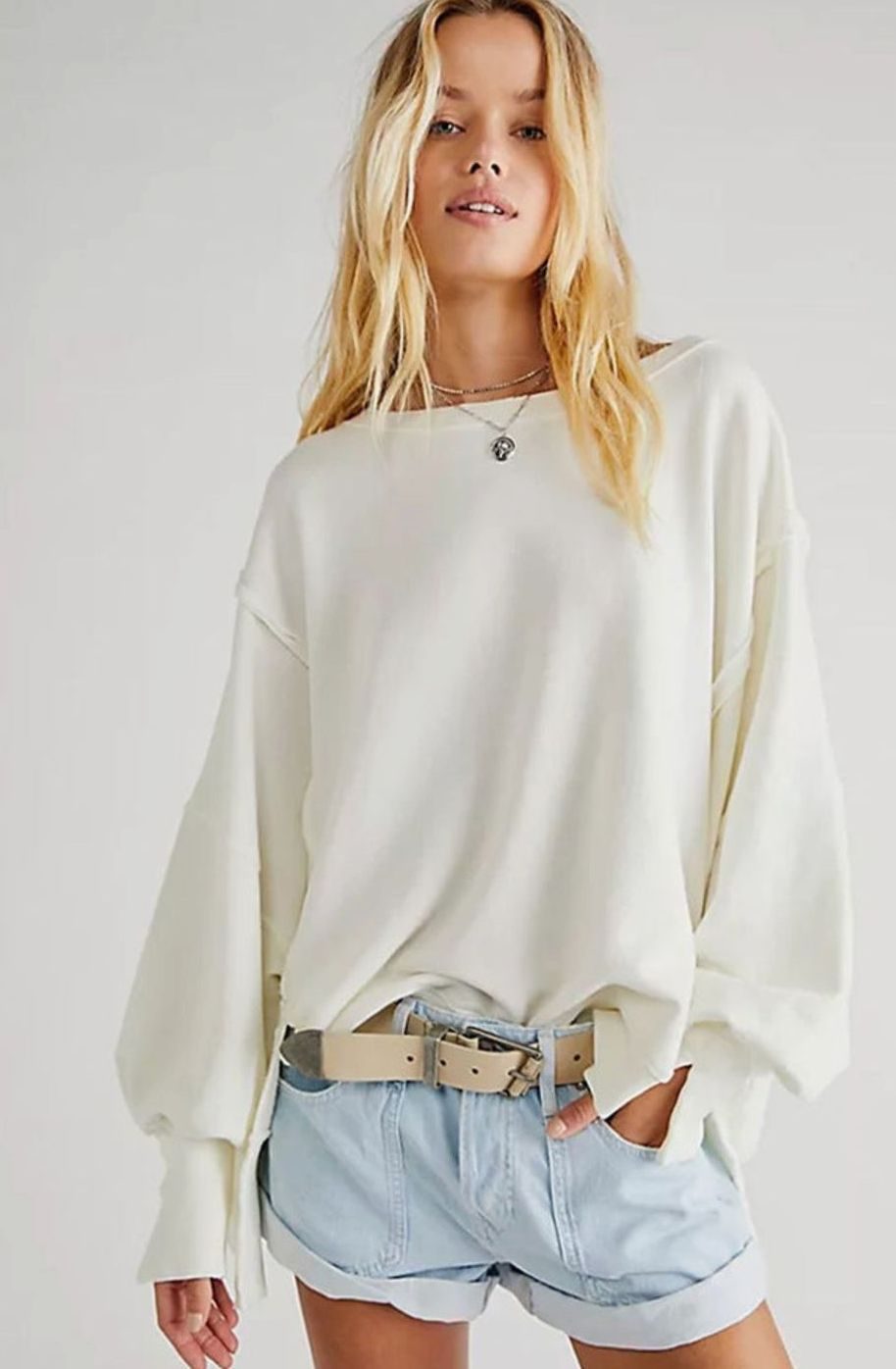 Women's Oversized Balloon Sleeve Crewneck Sweatshirt Exposed Seams - White