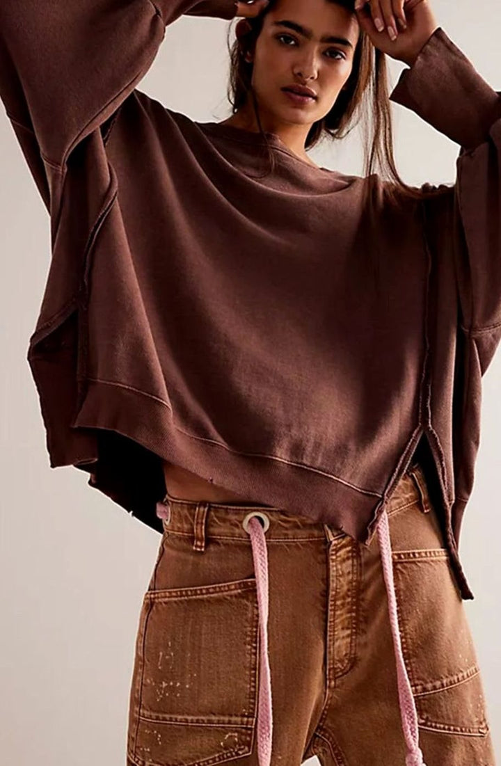Women's Oversized Balloon Sleeve Crewneck Sweatshirt Exposed Seams - Coffee Brown