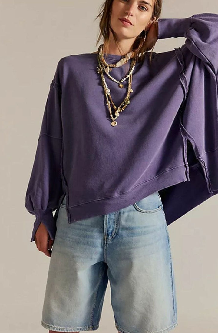 Women's Oversized Balloon Sleeve Crewneck Sweatshirt Exposed Seams - Violet