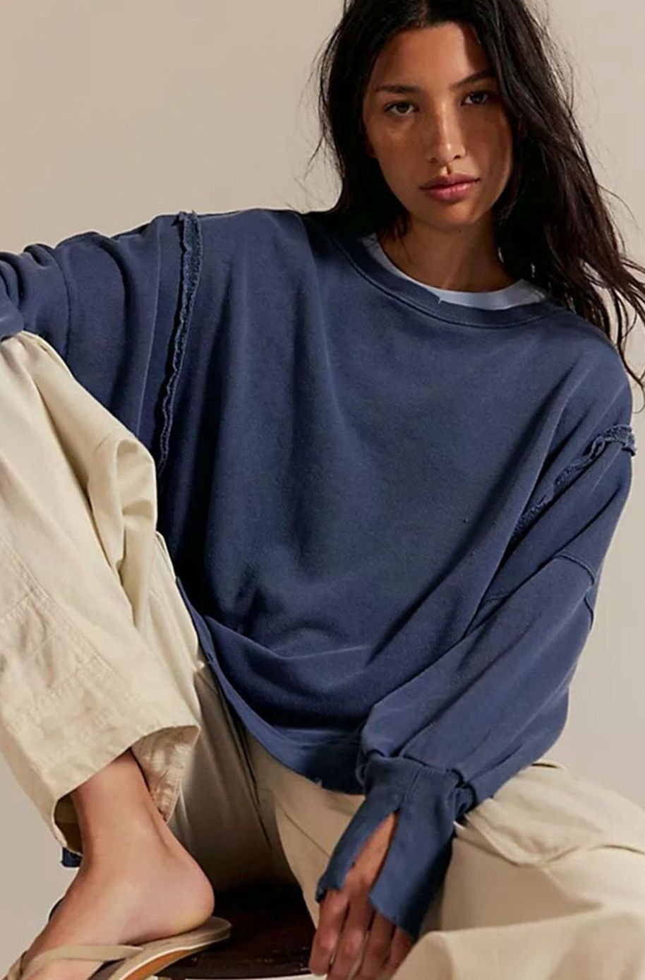 Women's Oversized Balloon Sleeve Crewneck Sweatshirt Exposed Seams - Blue