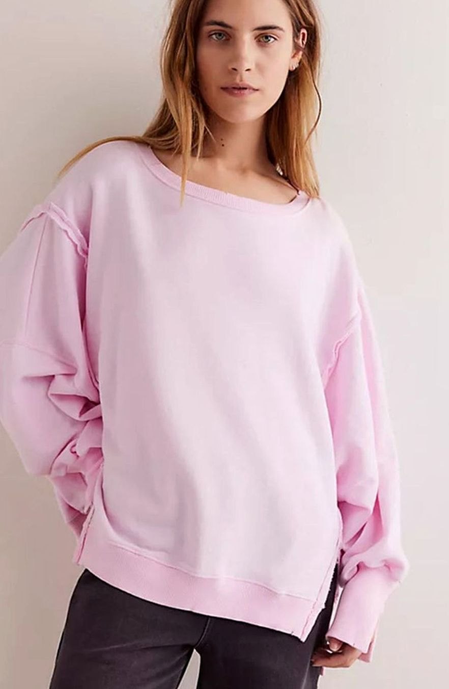 Women's Oversized Balloon Sleeve Crewneck Sweatshirt Exposed Seams - Pink