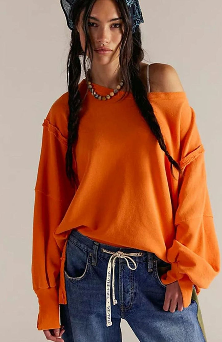 Women's Oversized Balloon Sleeve Crewneck Sweatshirt Exposed Seams - Orange