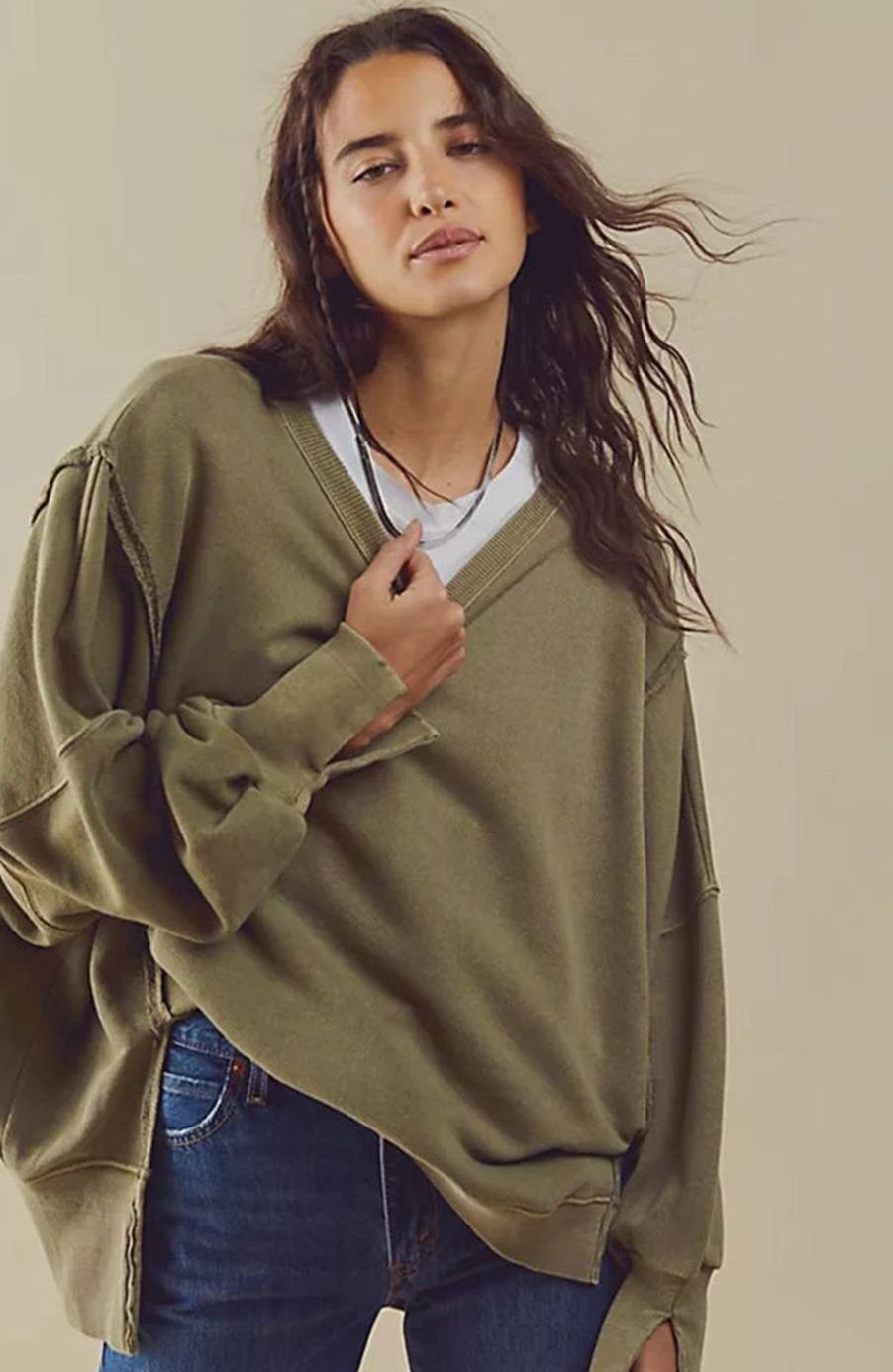 Women's Oversized Balloon Sleeve Crewneck Sweatshirt Exposed Seams - Olive Green