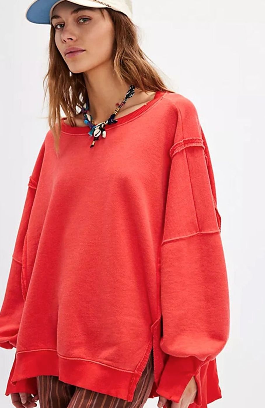 Women's Oversized Balloon Sleeve Crewneck Sweatshirt Exposed Seams - Orange Red