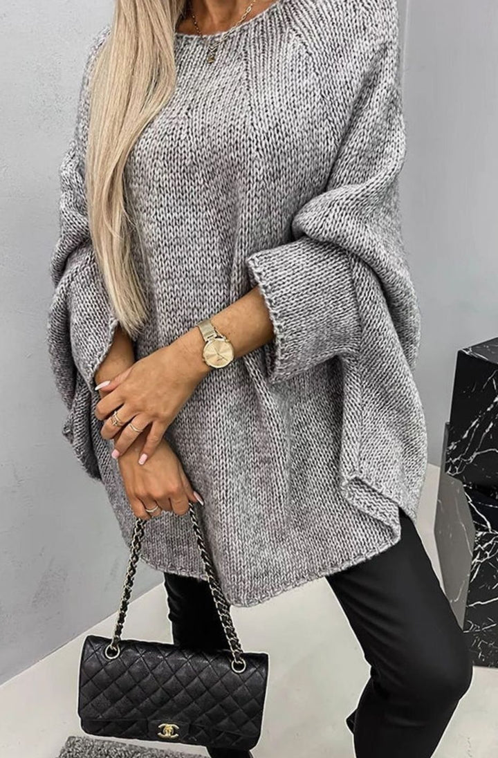 Women's Oversized Batwing-Sleeve Crew Neck Knit Sweater - Gray