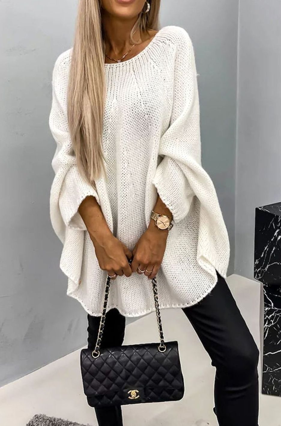 Women's Oversized Batwing-Sleeve Crew Neck Knit Sweater - Cream