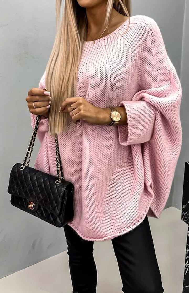Women's Oversized Batwing-Sleeve Crew Neck Knit Sweater - Pink
