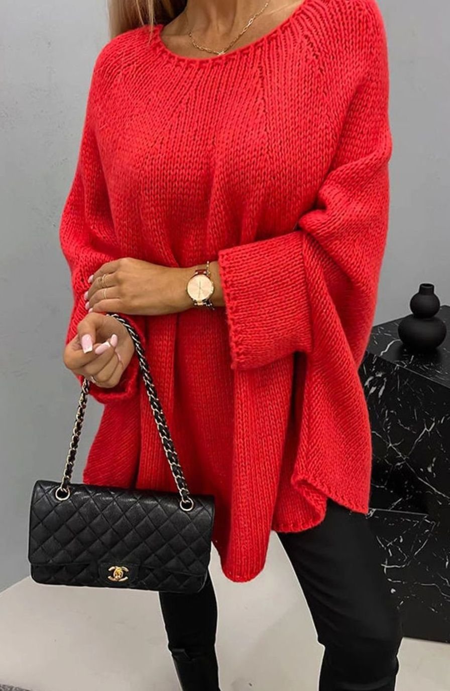 Women's Oversized Batwing-Sleeve Crew Neck Knit Sweater - Red