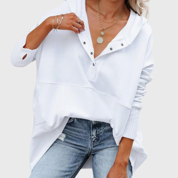 Women's Oversized Button-Neck Fleece Pullover Sweater - White