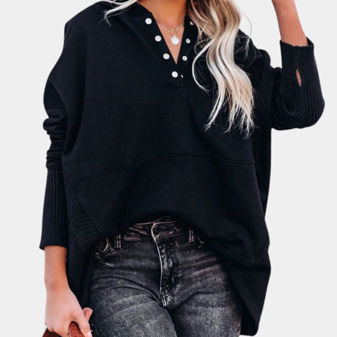 Women's Oversized Button-Neck Fleece Pullover Sweater - Black