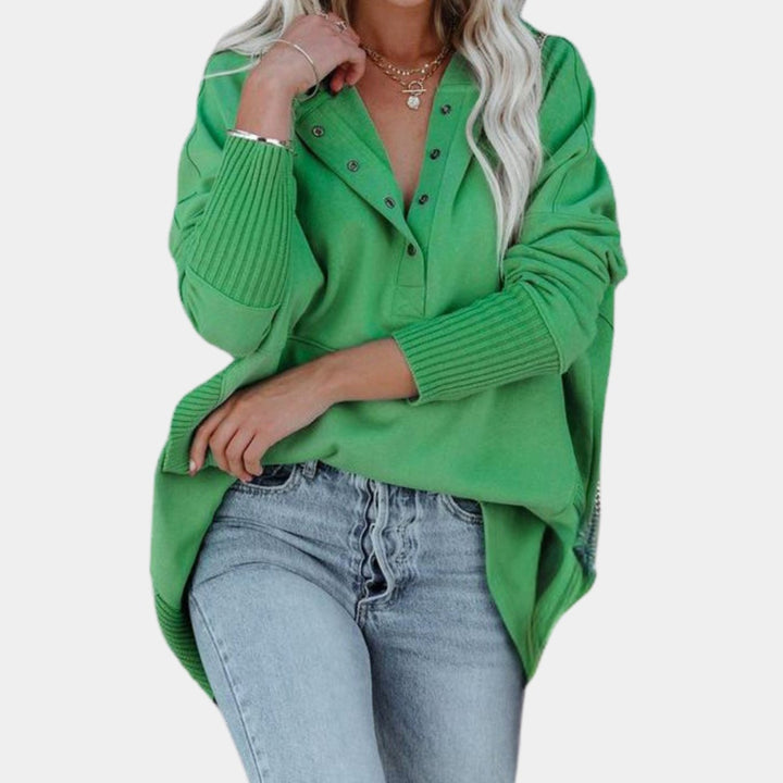 Women's Oversized Button-Neck Fleece Pullover Sweater - Green