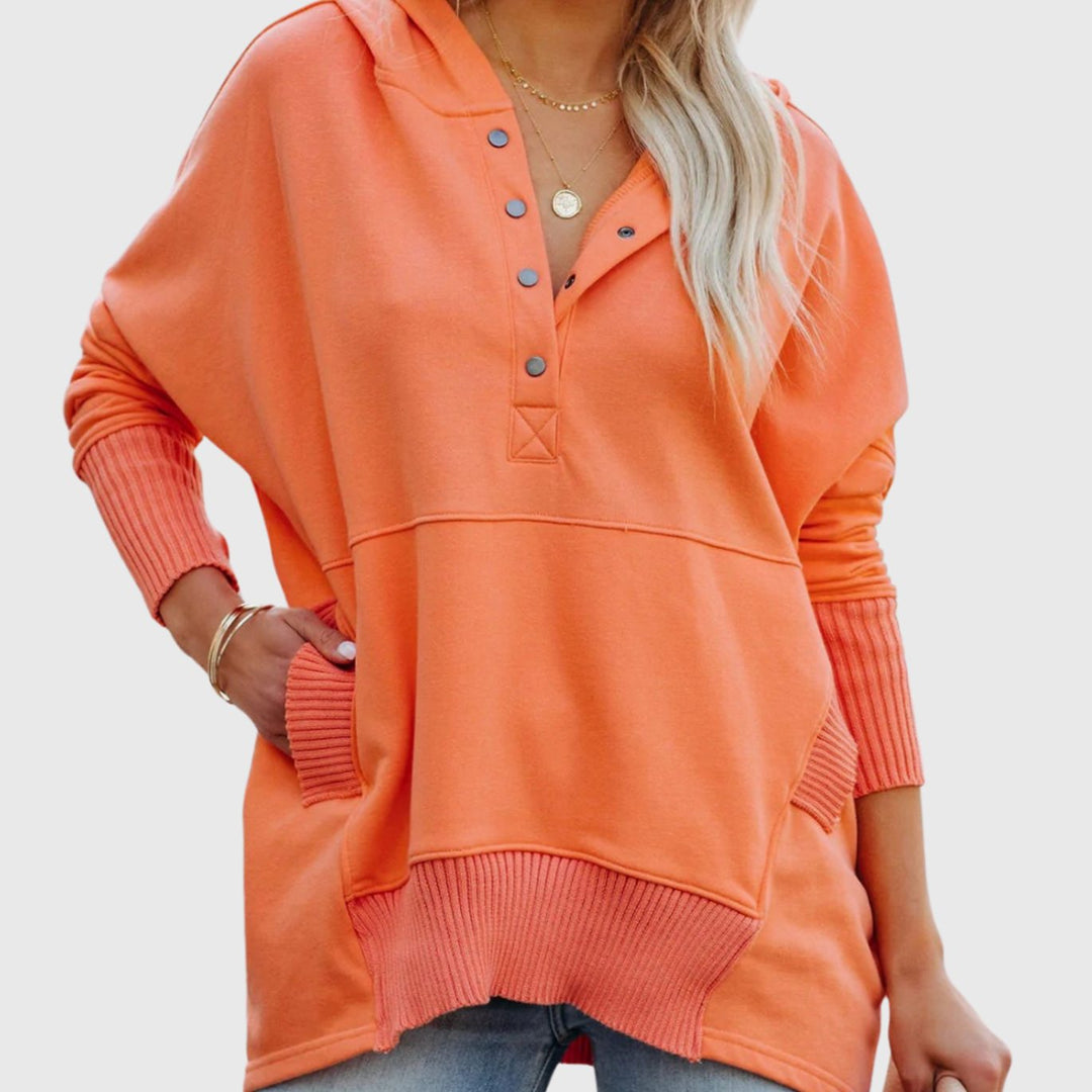 Women's Oversized Button-Neck Fleece Pullover Sweater - Orange