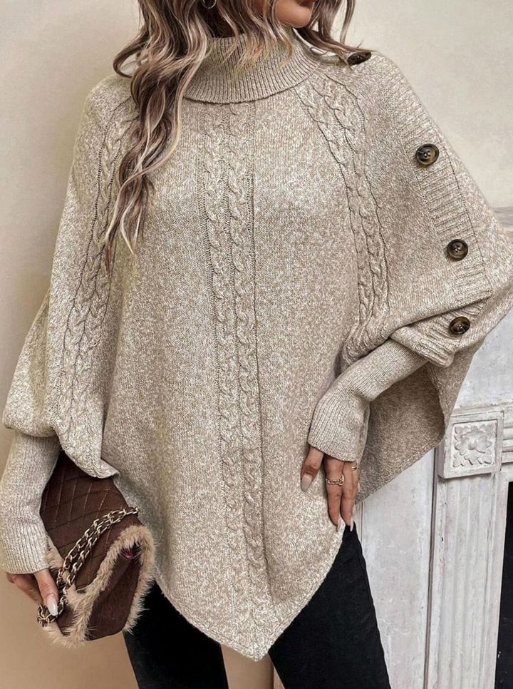 Women's Oversized Cable Knit Batwing Poncho Sweater Turtleneck - Khaki
