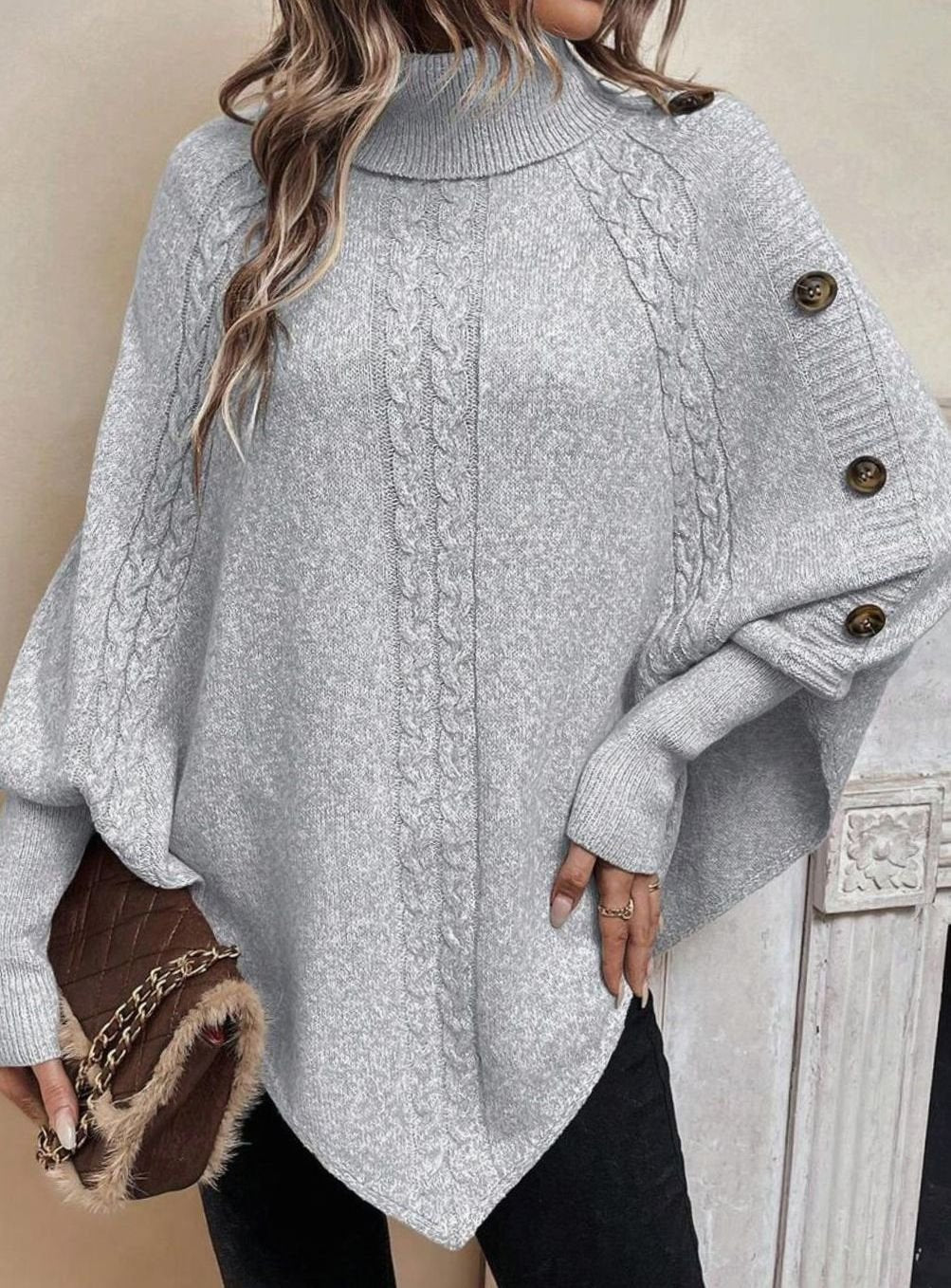 Women's Oversized Cable Knit Batwing Poncho Sweater Turtleneck - Light Gray