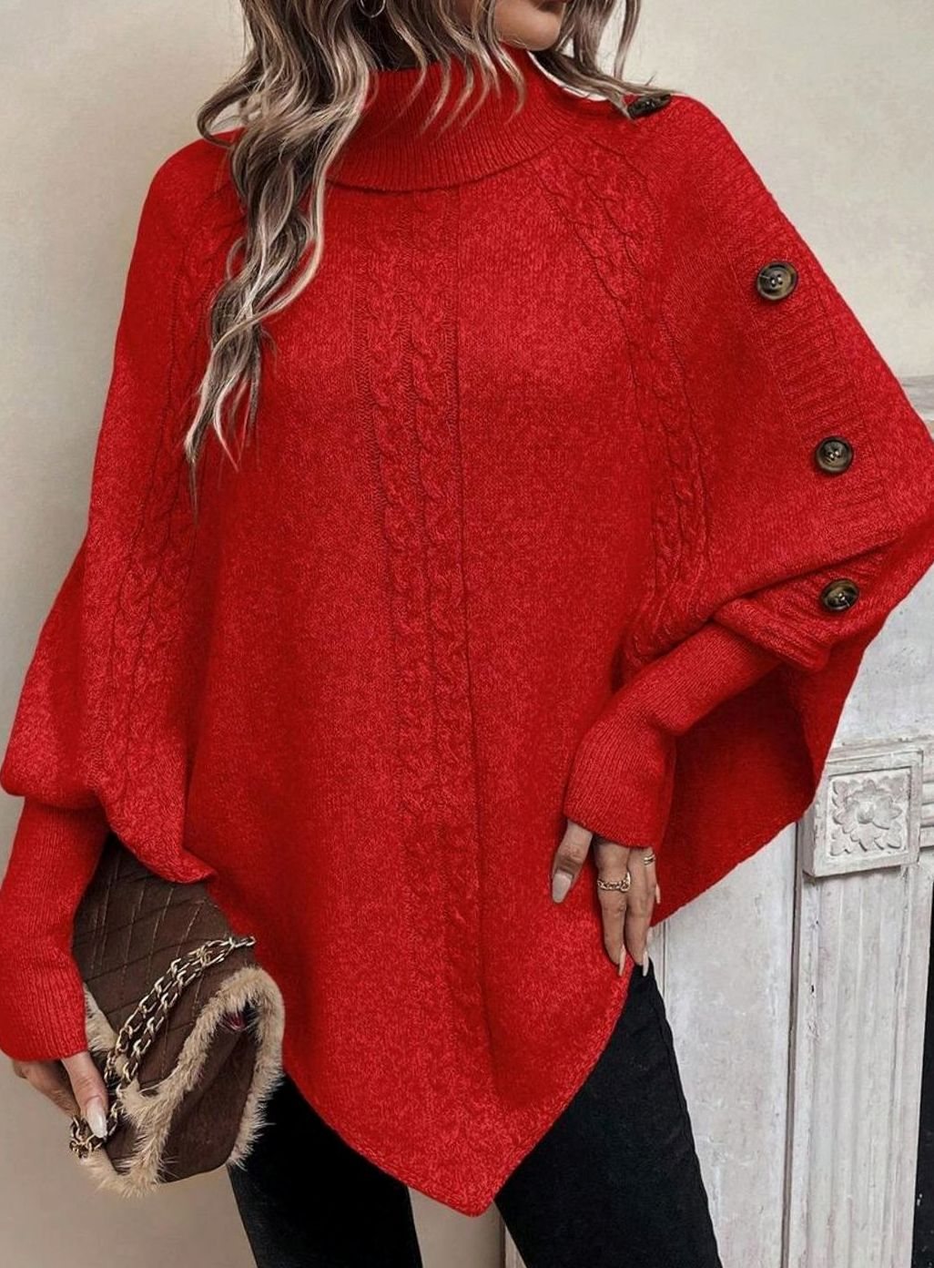 Women's Oversized Cable Knit Batwing Poncho Sweater Turtleneck - Red