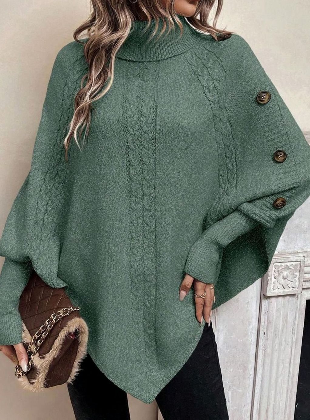 Women's Oversized Cable Knit Batwing Poncho Sweater Turtleneck - Olive Green