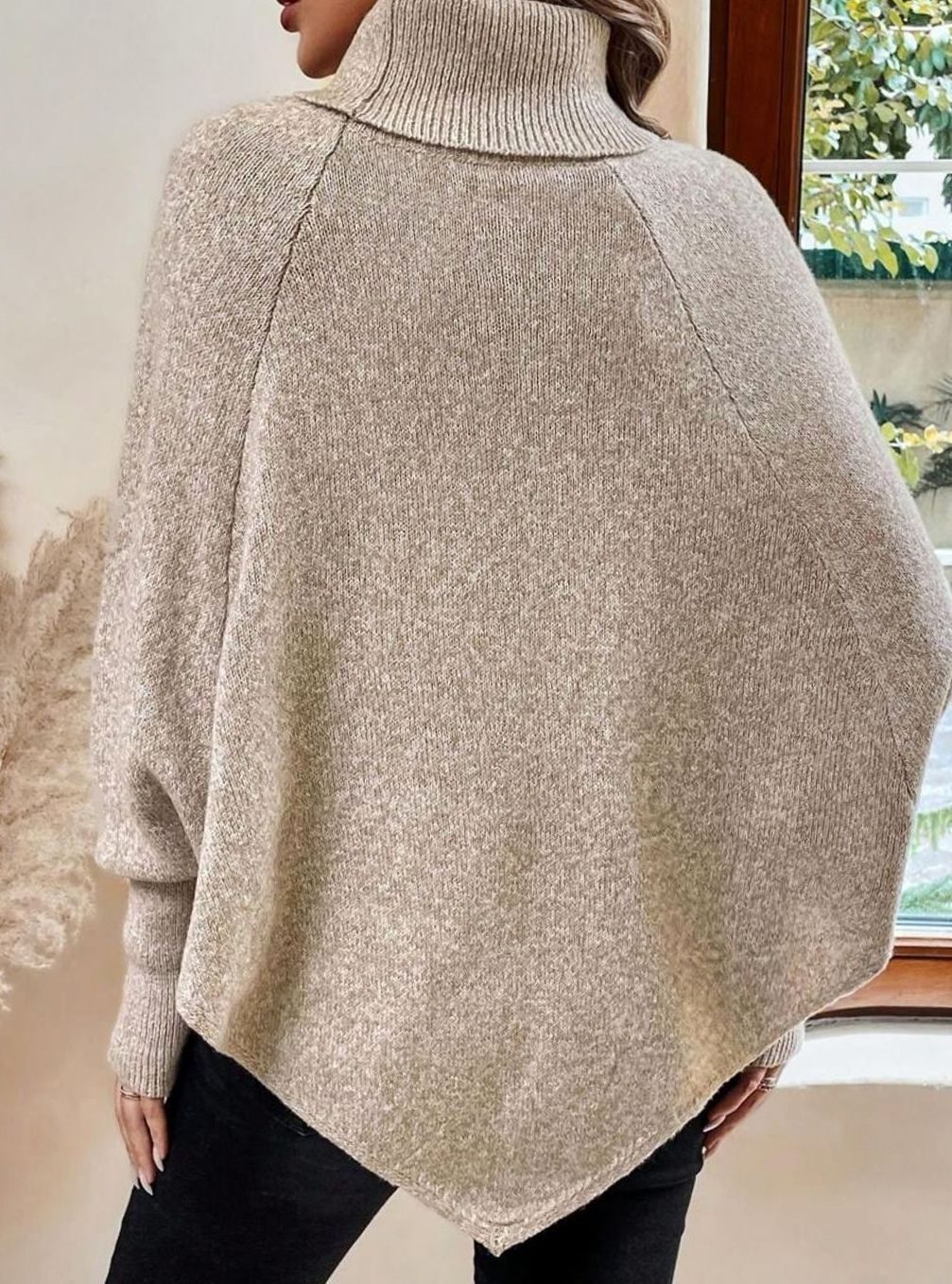 Women's Oversized Cable Knit Batwing Poncho Sweater Turtleneck