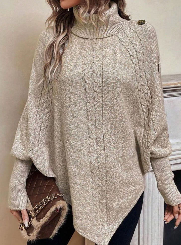 Women's Oversized Cable Knit Batwing Poncho Sweater Turtleneck