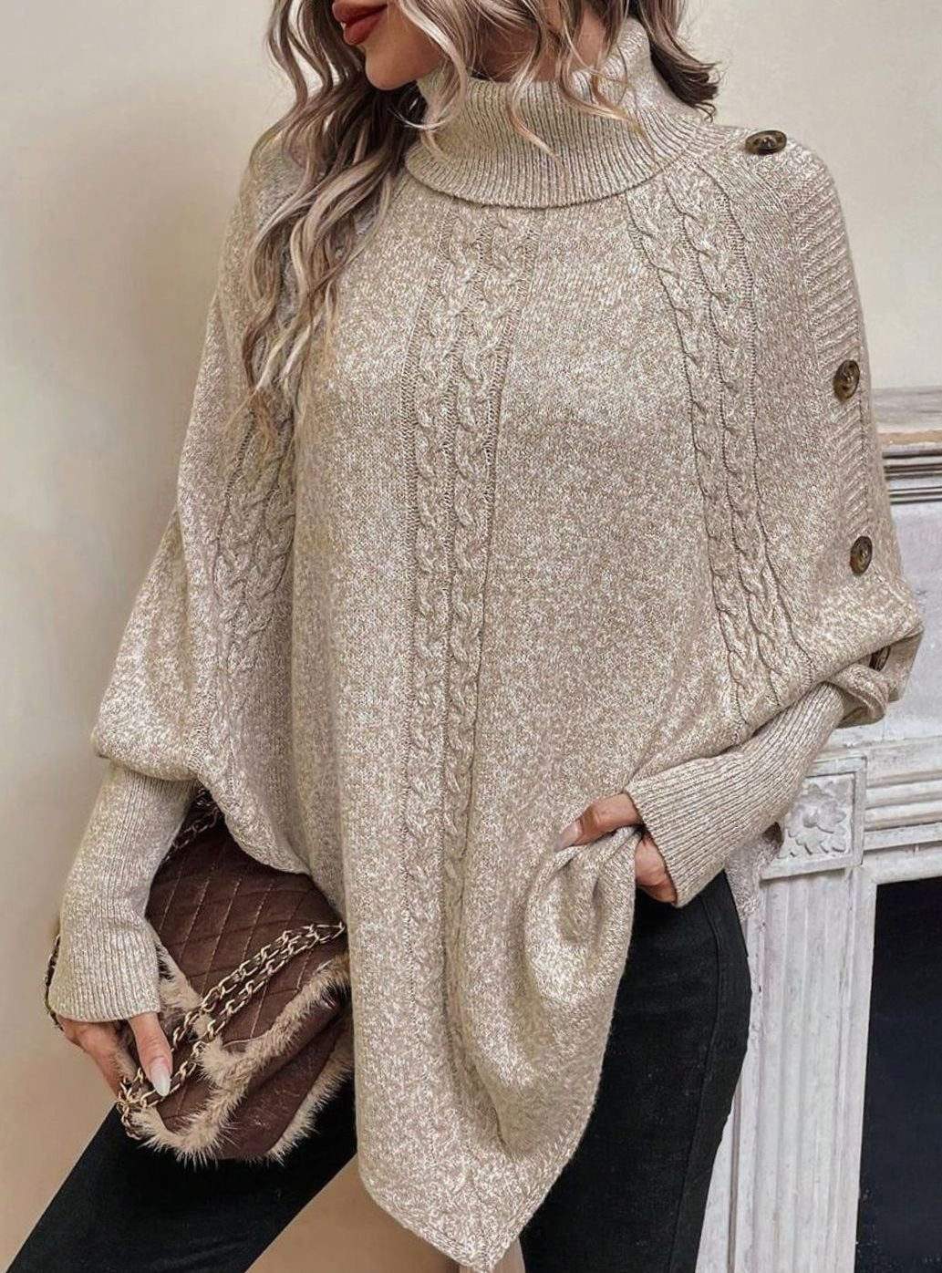 Women's Oversized Cable Knit Batwing Poncho Sweater Turtleneck