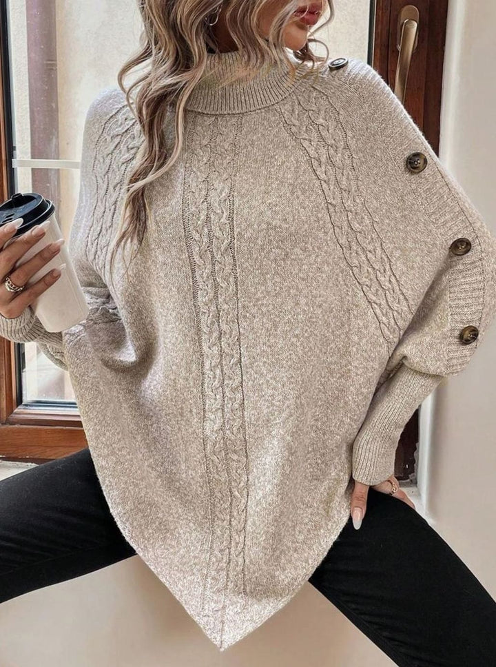 Women's Oversized Cable Knit Batwing Poncho Sweater Turtleneck
