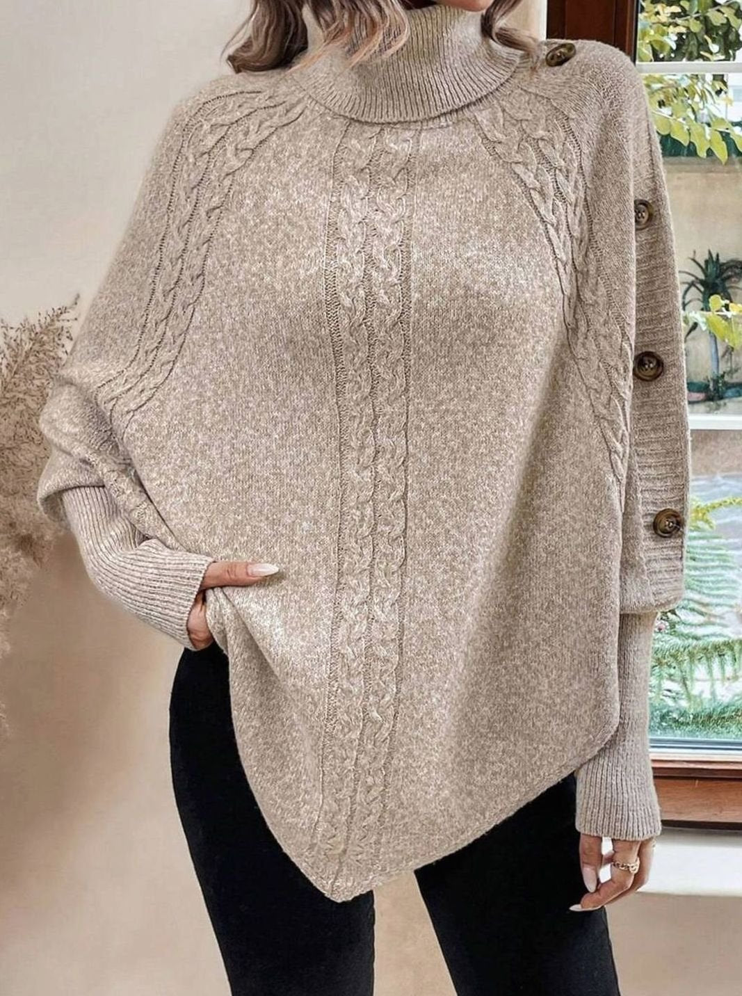 Women's Oversized Cable Knit Batwing Poncho Sweater Turtleneck