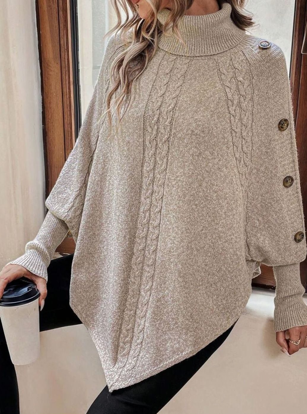Women's Oversized Cable Knit Batwing Poncho Sweater Turtleneck