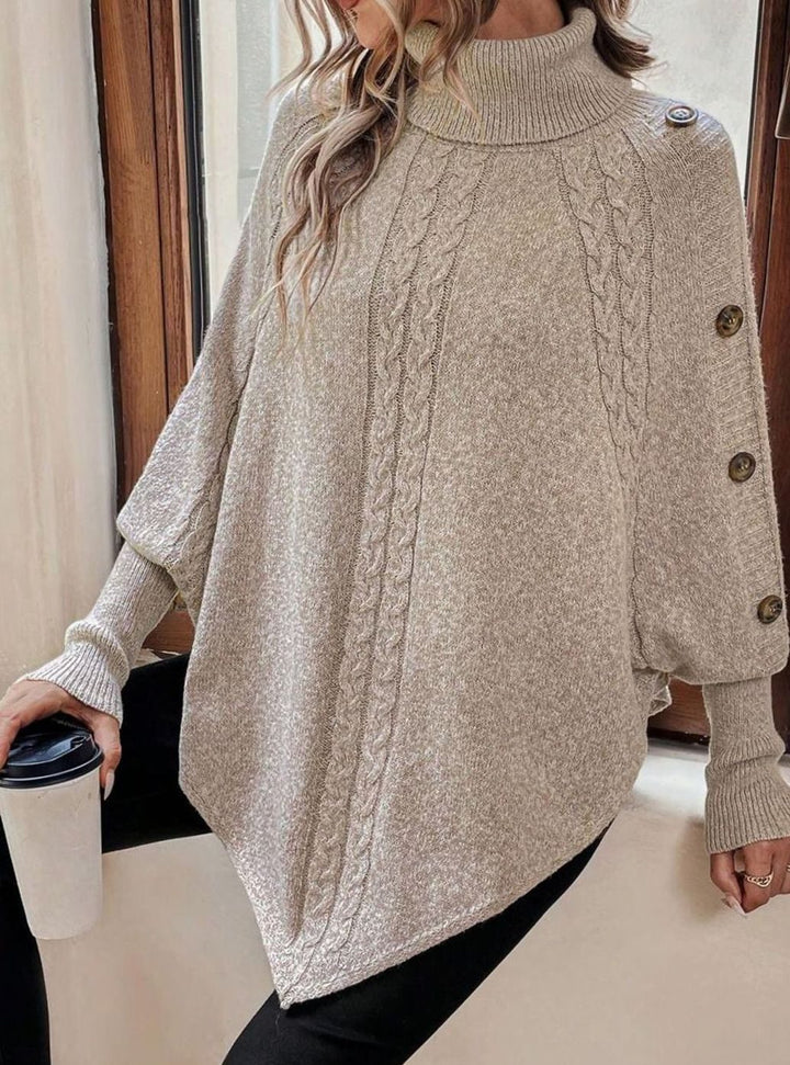 Women's Oversized Cable Knit Batwing Poncho Sweater Turtleneck