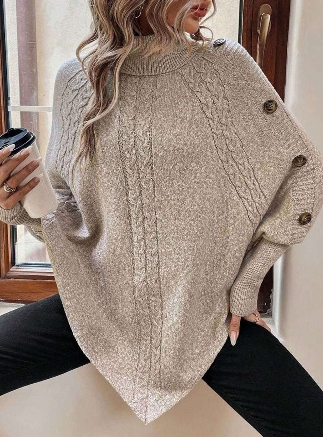 Women's Oversized Cable Knit Batwing Poncho Sweater Turtleneck