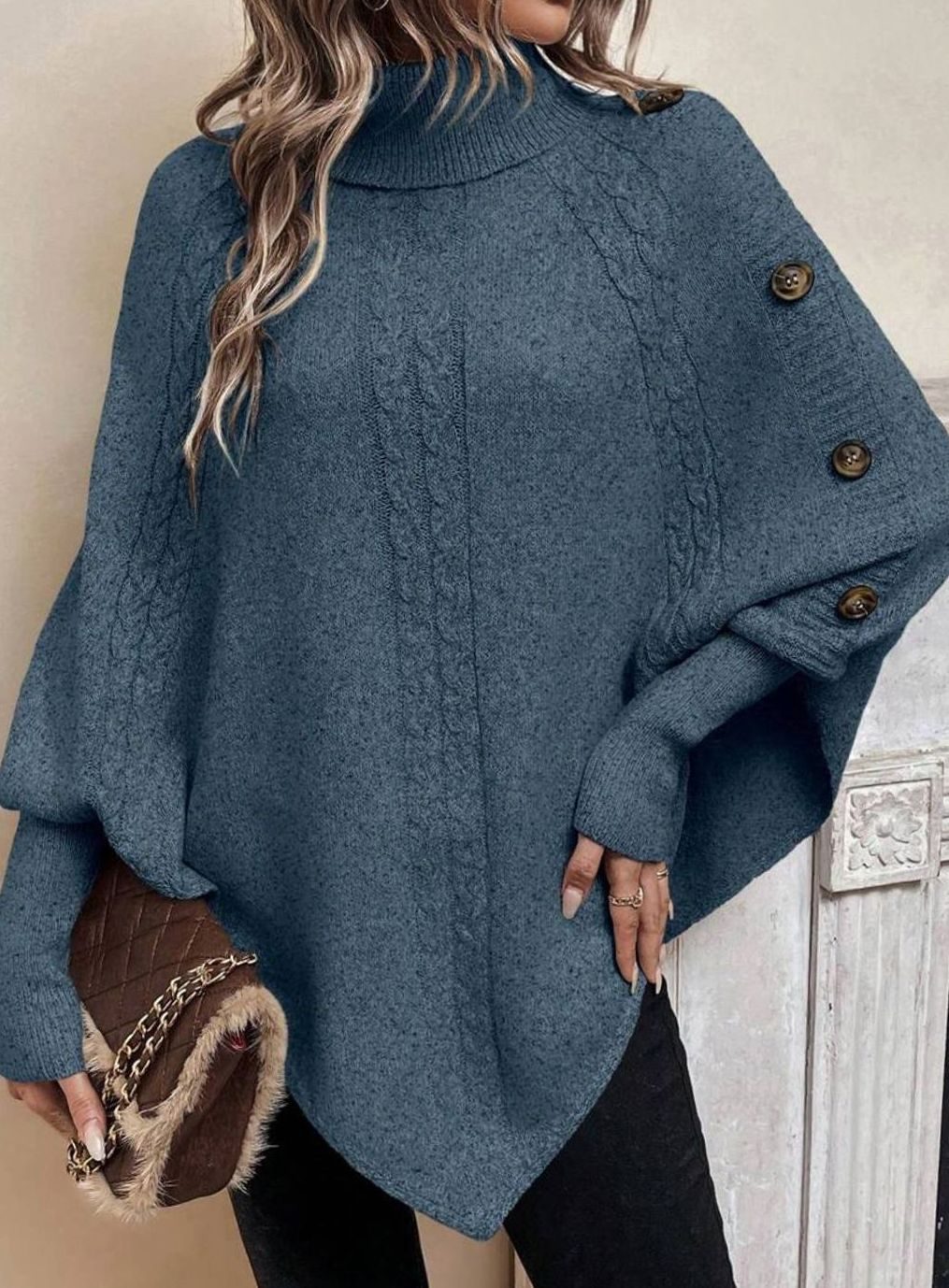 Women's Oversized Cable Knit Batwing Poncho Sweater Turtleneck - Blue