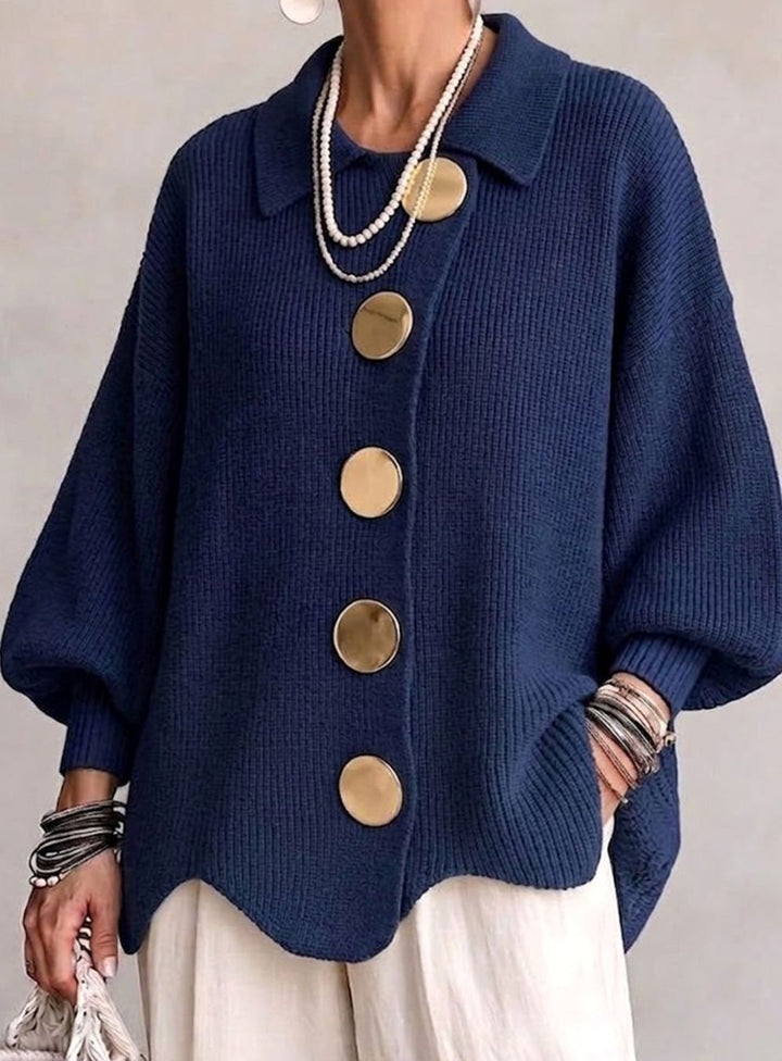 Women's Oversized Cardigan Sweater Collared Gold-Button Knit - Navy Blue