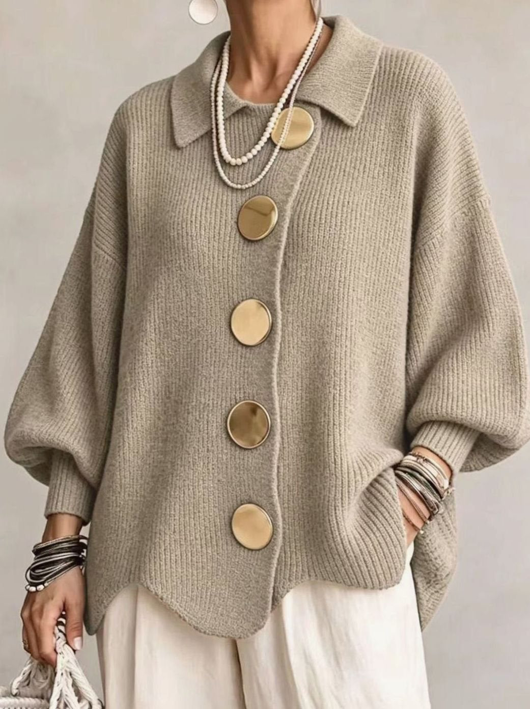 Women's Oversized Cardigan Sweater Collared Gold-Button Knit - Khaki