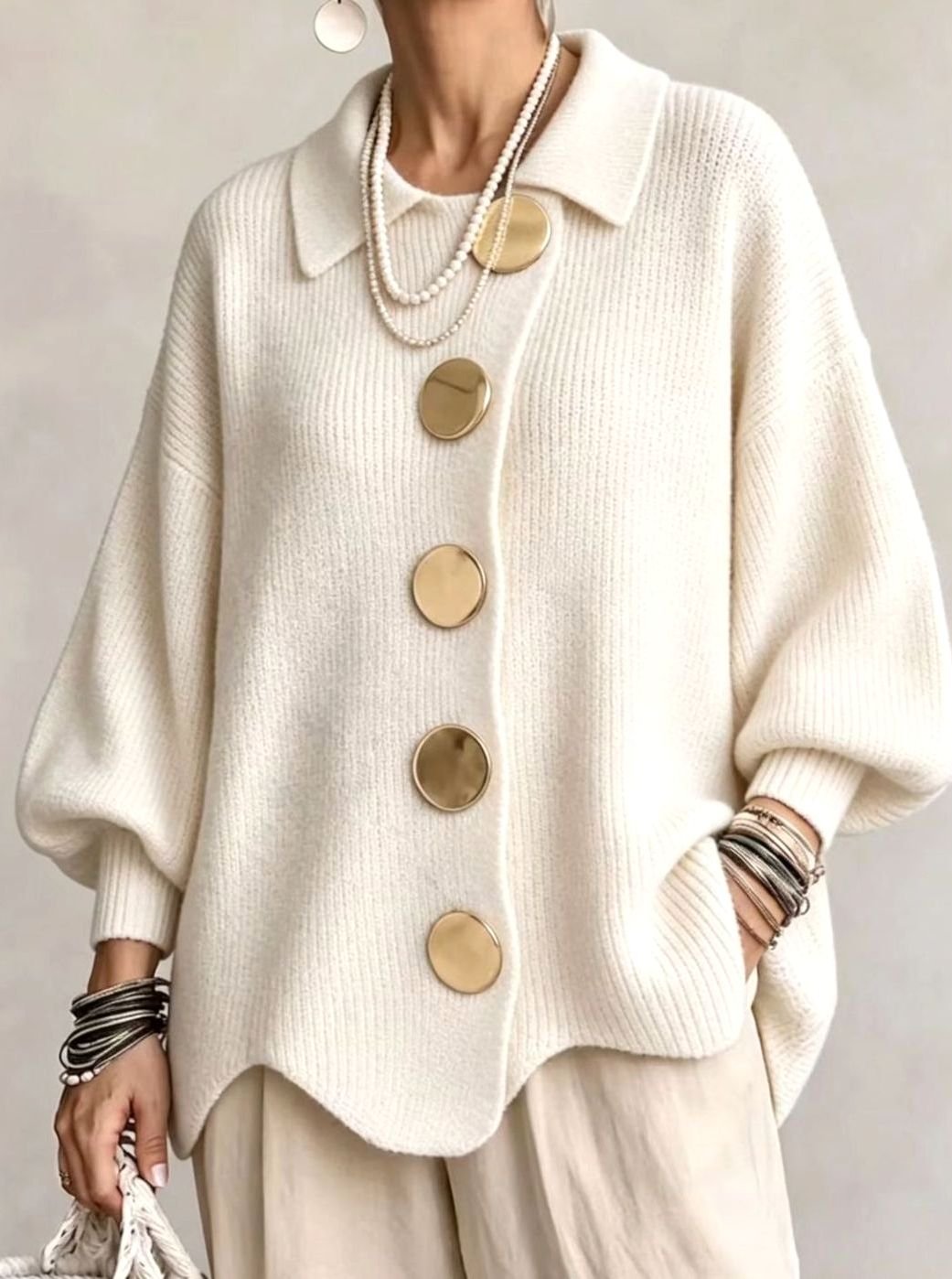 Women's Oversized Cardigan Sweater Collared Gold-Button Knit - Ivory White
