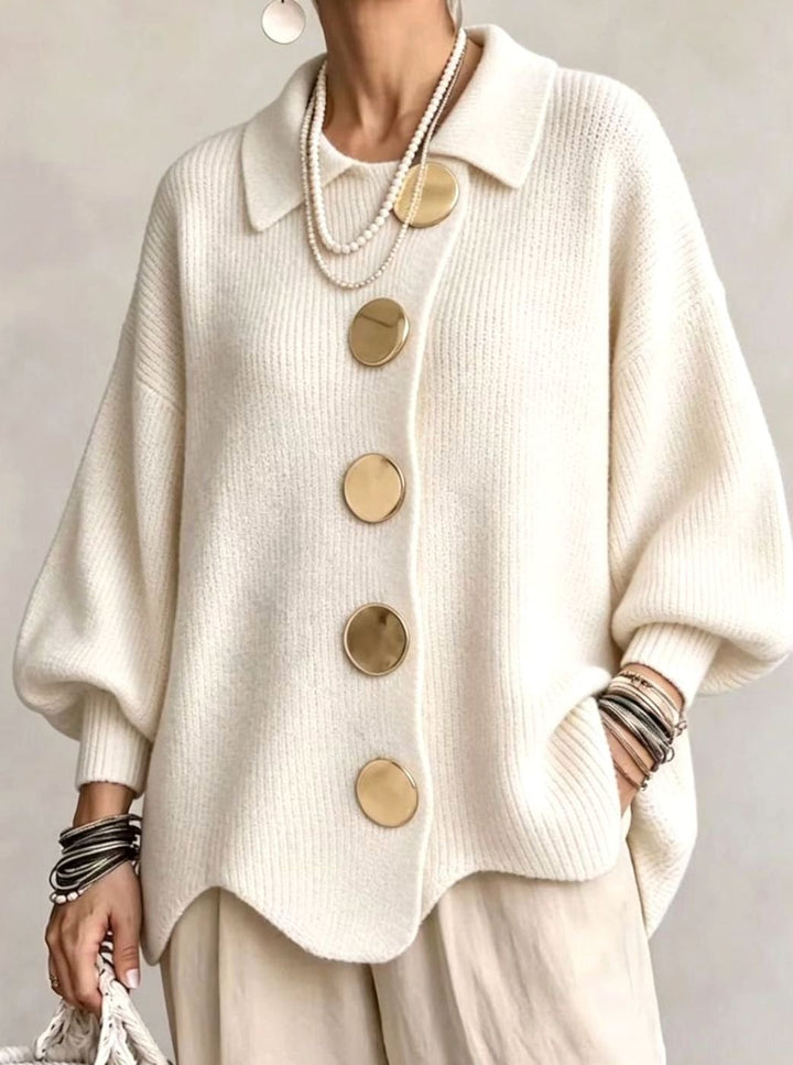 Women's Oversized Cardigan Sweater Collared Gold-Button Knit - Ivory White