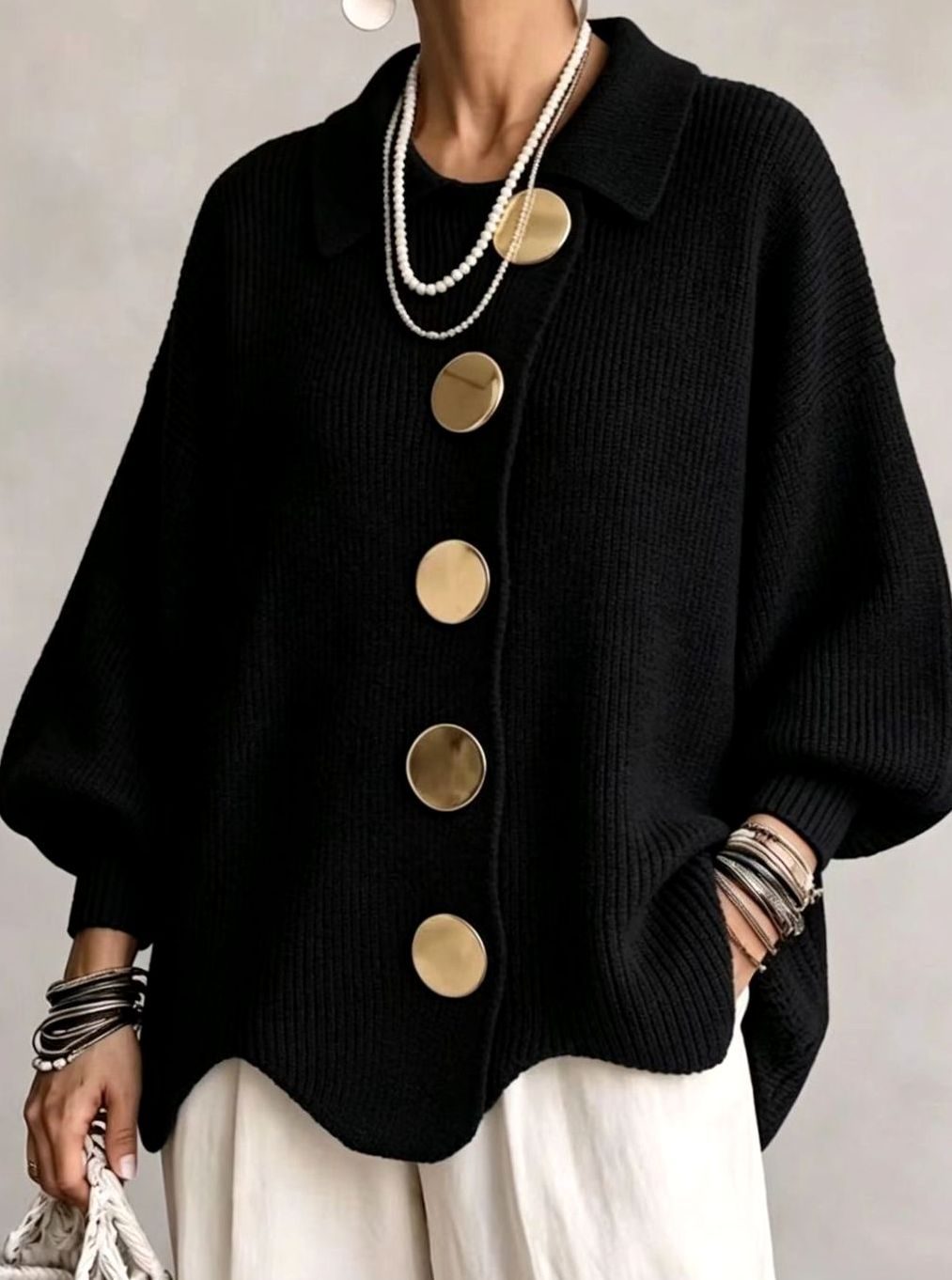 Women's Oversized Cardigan Sweater Collared Gold-Button Knit - Black