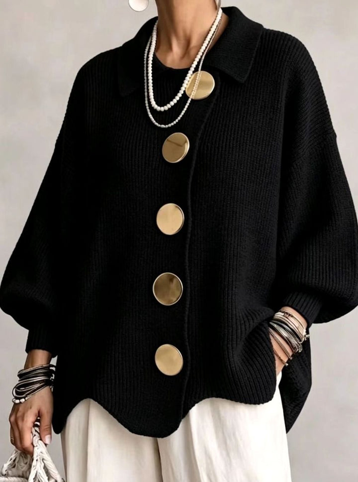 Women's Oversized Cardigan Sweater Collared Gold-Button Knit - Black