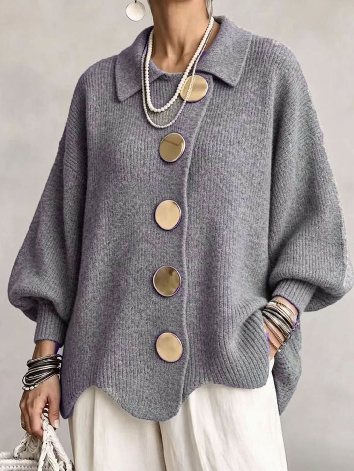 Women's Oversized Cardigan Sweater Collared Gold-Button Knit - Gray